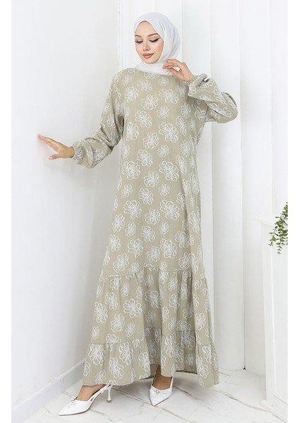 Kolu Lastikli Desenli Elbise 2056-01 Çağla Yeşili fiyatları