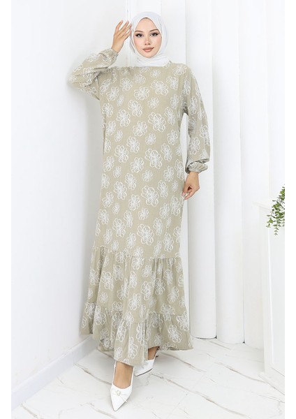 Kolu Lastikli Desenli Elbise 2056-01 Çağla Yeşili modelleri