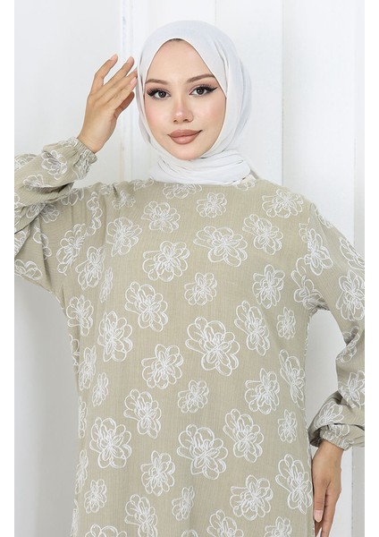 Kolu Lastikli Desenli Elbise 2056-01 Çağla Yeşili fırsatları