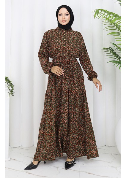Kolu Lastikli Desenli Elbise 2057-01 Kahverengi