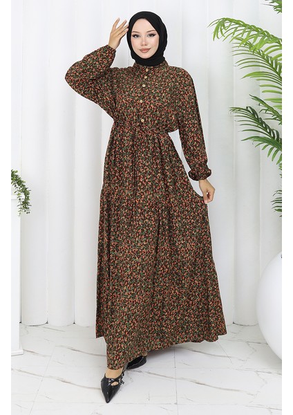 Kolu Lastikli Desenli Elbise 2057-01 Kahverengi fiyatları