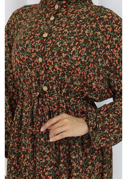 Kolu Lastikli Desenli Elbise 2057-01 Kahverengi fırsatları