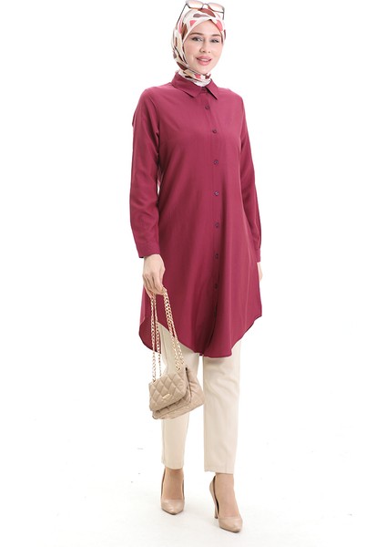 Düğmeli Viskon Tunik 6116-03 Bordo