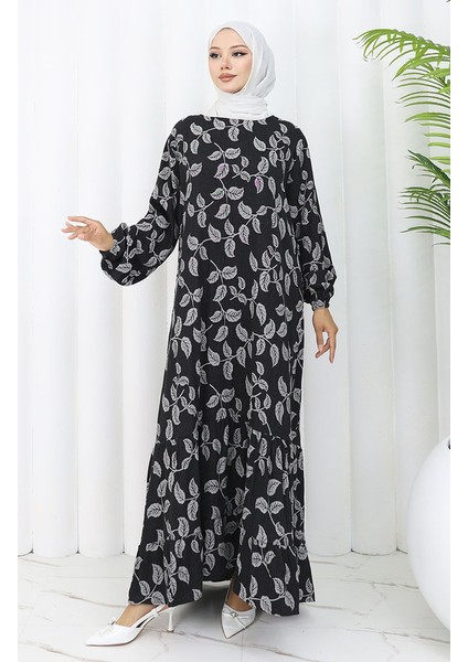 Kolu Lastikli Desenli Elbise 2055-04 Siyah