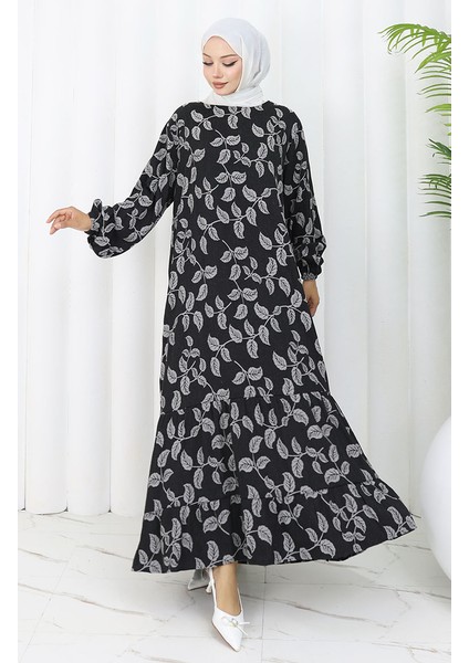 Kolu Lastikli Desenli Elbise 2055-04 Siyah fiyatları