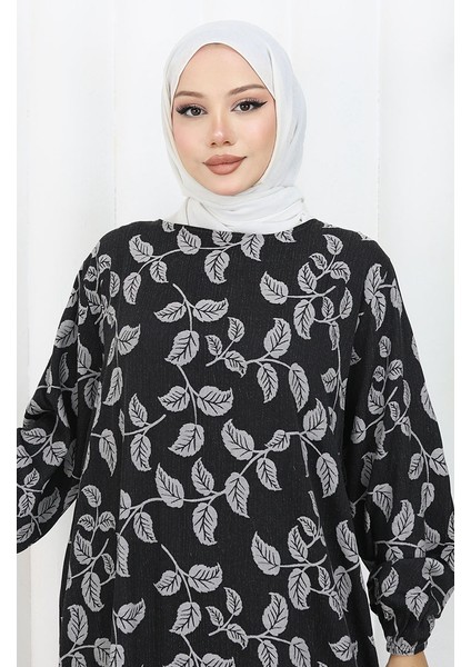 Kolu Lastikli Desenli Elbise 2055-04 Siyah modelleri