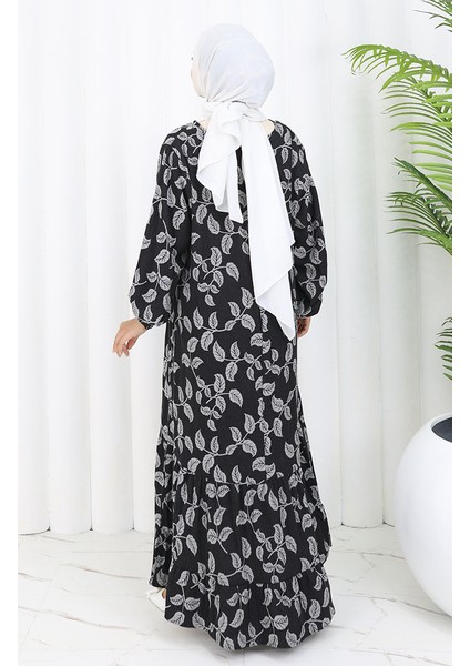 Kolu Lastikli Desenli Elbise 2055-04 Siyah indirimleri