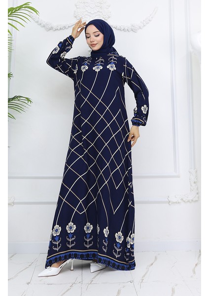 Viskon Kumaş Kol Ucu Lastikli Elbise 0030-05 Lacivert