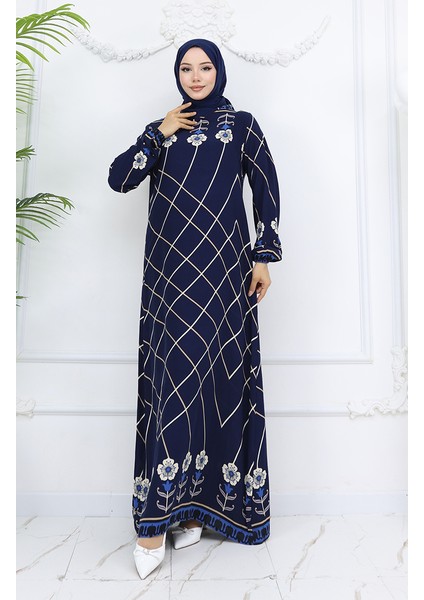 Viskon Kumaş Kol Ucu Lastikli Elbise 0030-05 Lacivert fiyatları