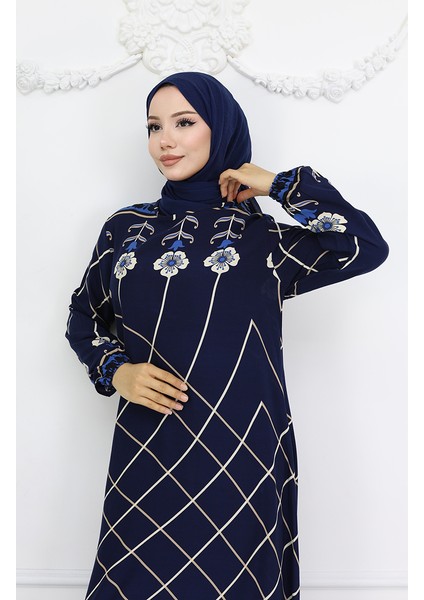Viskon Kumaş Kol Ucu Lastikli Elbise 0030-05 Lacivert modelleri