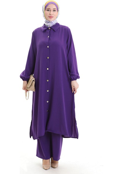 Düğmeli Uzun Tunik Pantolon Ikili Takım 0089-04 Mor