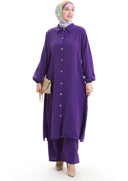 Düğmeli Uzun Tunik Pantolon Ikili Takım 0089-04 Mor fiyatları