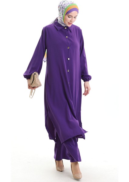 Düğmeli Uzun Tunik Pantolon Ikili Takım 0089-04 Mor modelleri