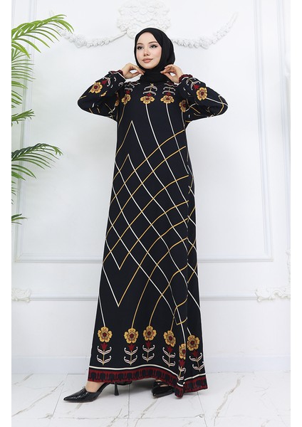 Viskon Kumaş Kol Ucu Lastikli Elbise 0030-02 Siyah Hardal