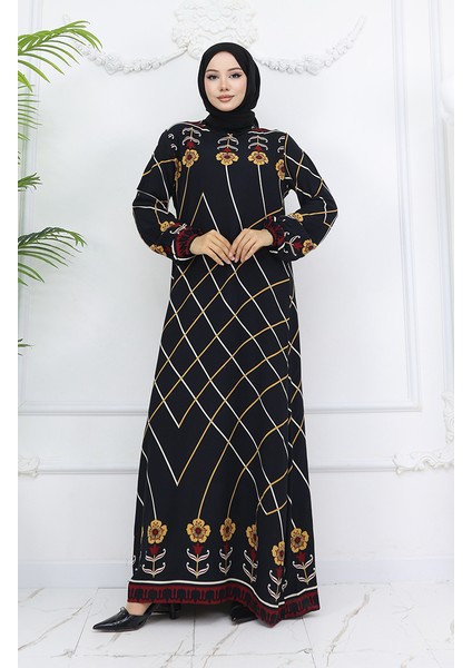 Viskon Kumaş Kol Ucu Lastikli Elbise 0030-02 Siyah Hardal fiyatları