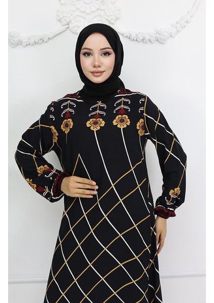 Viskon Kumaş Kol Ucu Lastikli Elbise 0030-02 Siyah Hardal modelleri