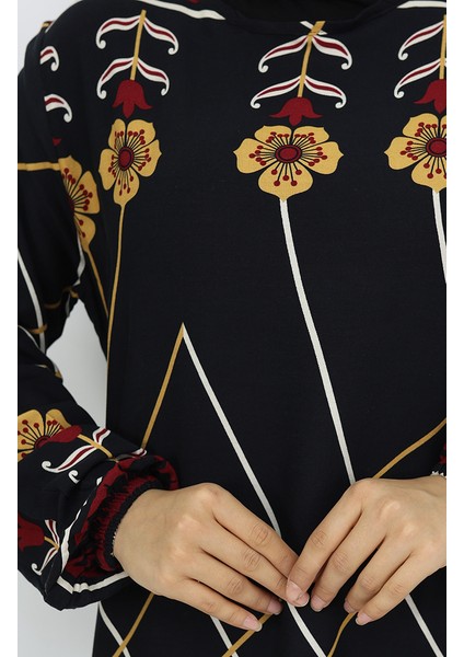 Viskon Kumaş Kol Ucu Lastikli Elbise 0030-02 Siyah Hardal fırsatları