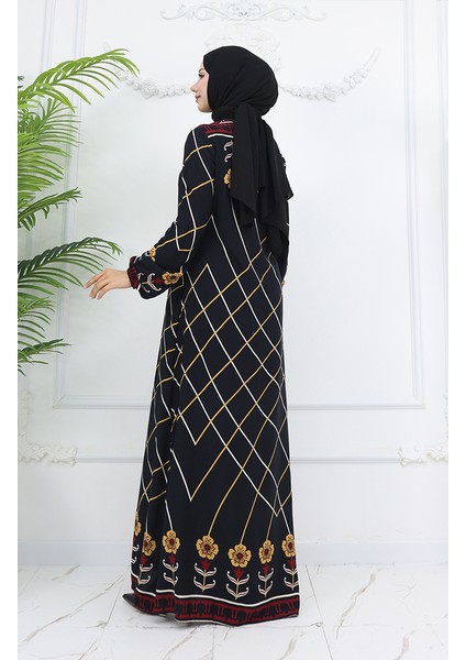 Viskon Kumaş Kol Ucu Lastikli Elbise 0030-02 Siyah Hardal indirimleri