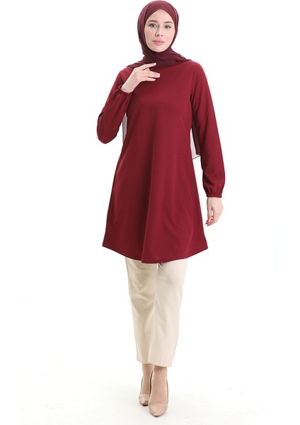 Kol Ucu Lastikli Mevsimlik Dökümlü Sade Tunik 8751-02 Bordo