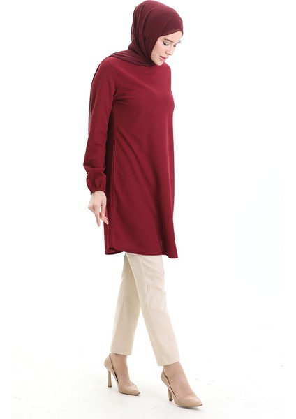 Kol Ucu Lastikli Mevsimlik Dökümlü Sade Tunik 8751-02 Bordo fiyatları