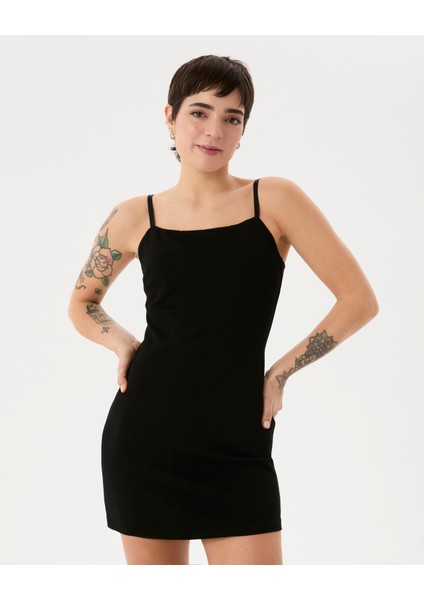 Kadın Siyah Askılı Mini Elbise - EcoVero™ Viskoz , Ayarlanabilir Askılı, Sırt Pensli Basic Mini Elbise