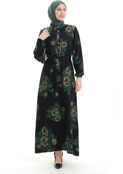 Düğmeli Desenli Kuşaklı Elbise 2076-03 Siyah Yeşil