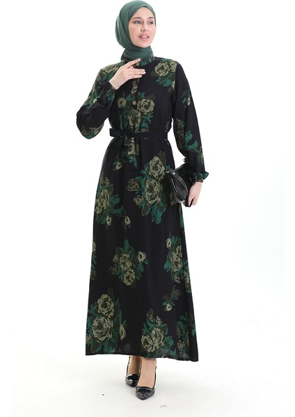 Düğmeli Desenli Kuşaklı Elbise 2076-03 Siyah Yeşil fiyatları