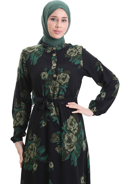 Düğmeli Desenli Kuşaklı Elbise 2076-03 Siyah Yeşil modelleri