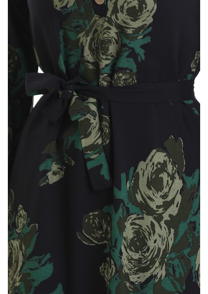 Düğmeli Desenli Kuşaklı Elbise 2076-03 Siyah Yeşil fırsatları