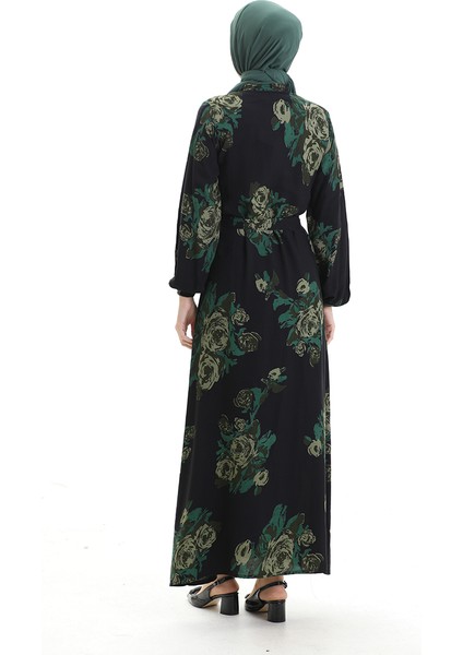 Düğmeli Desenli Kuşaklı Elbise 2076-03 Siyah Yeşil indirimleri