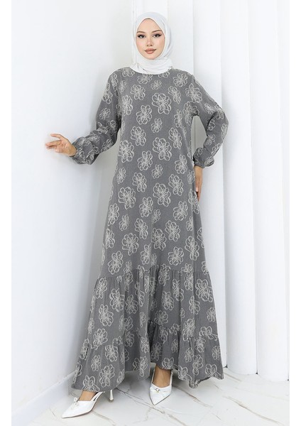 Kolu Lastikli Desenli Elbise 2056-03 Antrasit