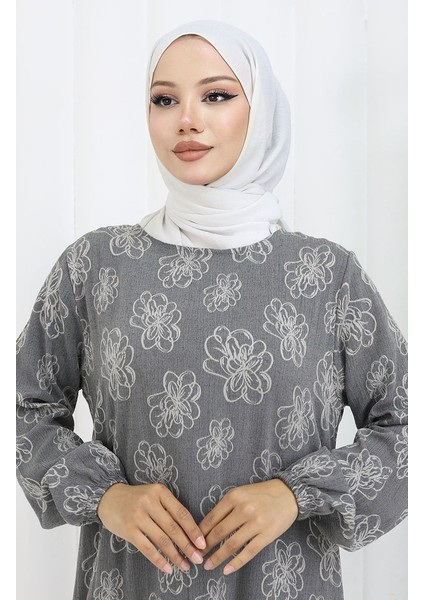 Kolu Lastikli Desenli Elbise 2056-03 Antrasit modelleri