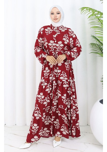 Yarım Düğmeli Desenli Elbise 2052-01 Bordo