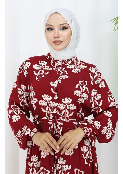 Yarım Düğmeli Desenli Elbise 2052-01 Bordo fırsatları