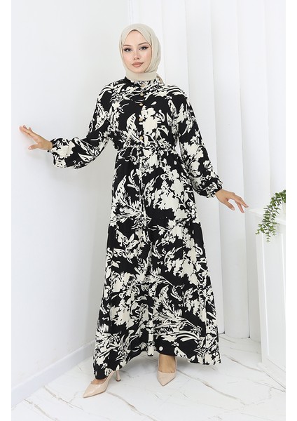 Viskon Kumaş Desenli Elbise 2054-03 Siyah Beyaz