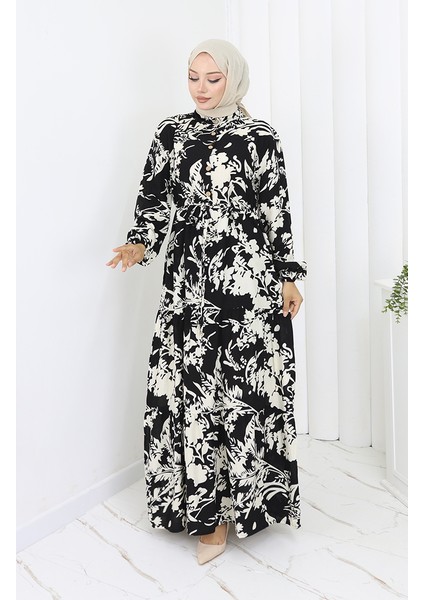 Viskon Kumaş Desenli Elbise 2054-03 Siyah Beyaz fiyatları