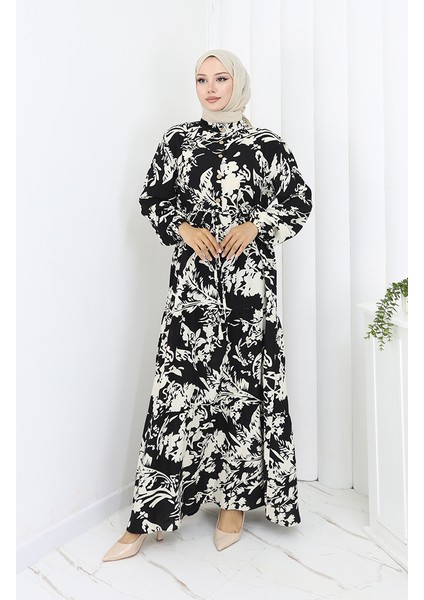 Viskon Kumaş Desenli Elbise 2054-03 Siyah Beyaz modelleri