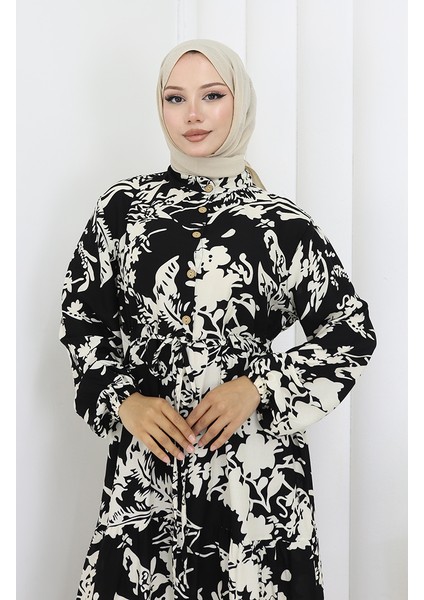 Viskon Kumaş Desenli Elbise 2054-03 Siyah Beyaz fırsatları