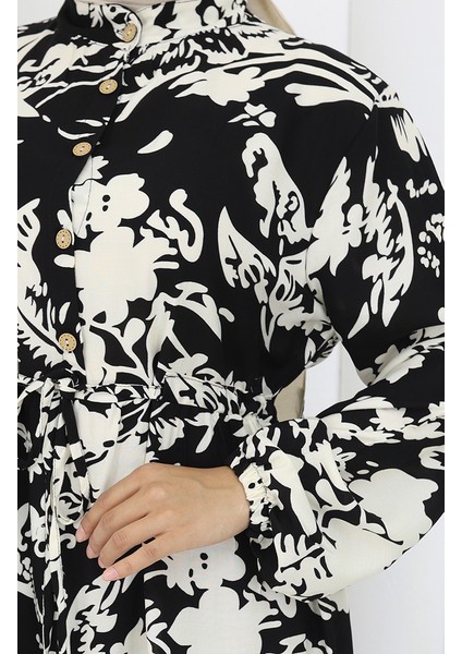 Viskon Kumaş Desenli Elbise 2054-03 Siyah Beyaz indirimleri