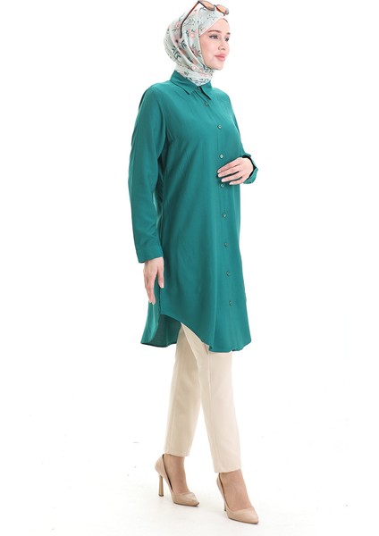 Düğmeli Viskon Tunik 6116-11 Zümrüt Yeşili fiyatları