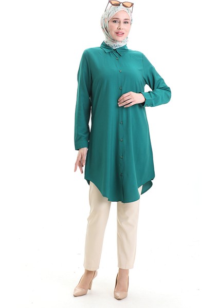 Düğmeli Viskon Tunik 6116-11 Zümrüt Yeşili modelleri