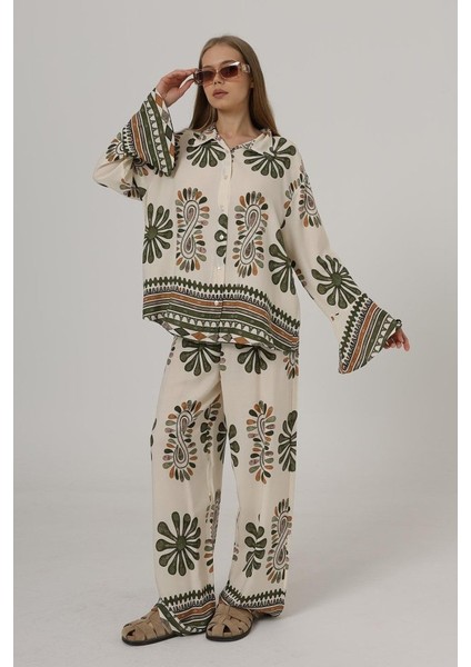 Desenli Kolları Volanlı Pantolon Takım - Haki