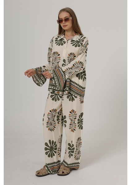 Desenli Kolları Volanlı Pantolon Takım - Haki fiyatları
