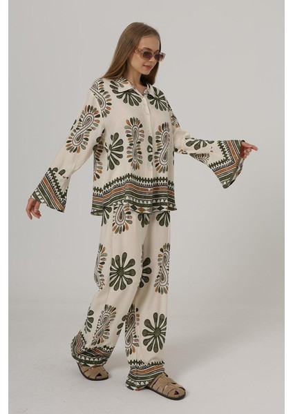Desenli Kolları Volanlı Pantolon Takım - Haki modelleri