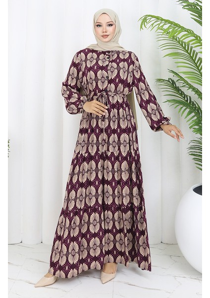 Viskon Kumaş Düğmeli Desenli Elbise 2053-05 Mürdüm Vizon