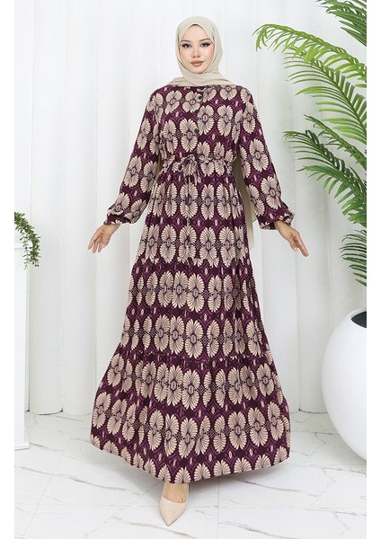 Viskon Kumaş Düğmeli Desenli Elbise 2053-05 Mürdüm Vizon fiyatları