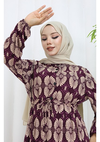 Viskon Kumaş Düğmeli Desenli Elbise 2053-05 Mürdüm Vizon modelleri