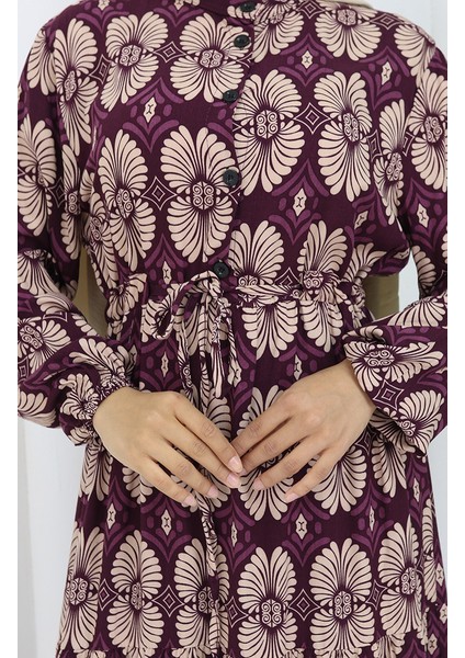 Viskon Kumaş Düğmeli Desenli Elbise 2053-05 Mürdüm Vizon fırsatları