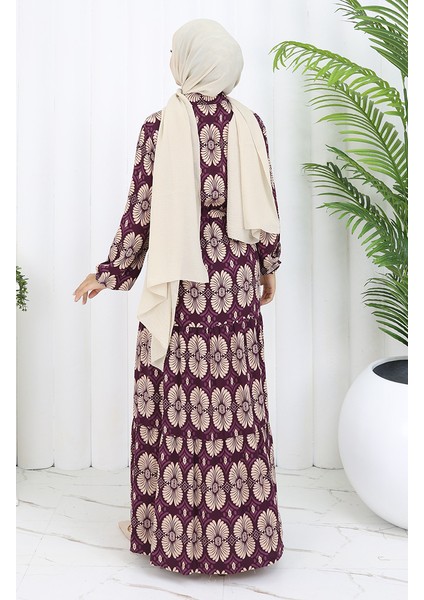 Viskon Kumaş Düğmeli Desenli Elbise 2053-05 Mürdüm Vizon indirimleri