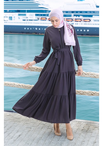 Yarım Fermuarlı Büzgülü Elbise 1202-03 Antrasit